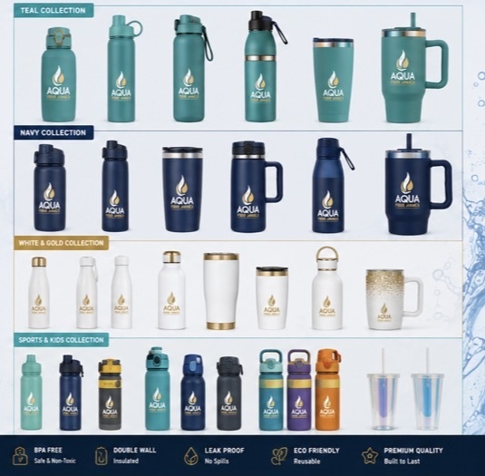 Aqua Prime reusable merchandise collections: Teal, Navy, White and Gold, Sports and Kids